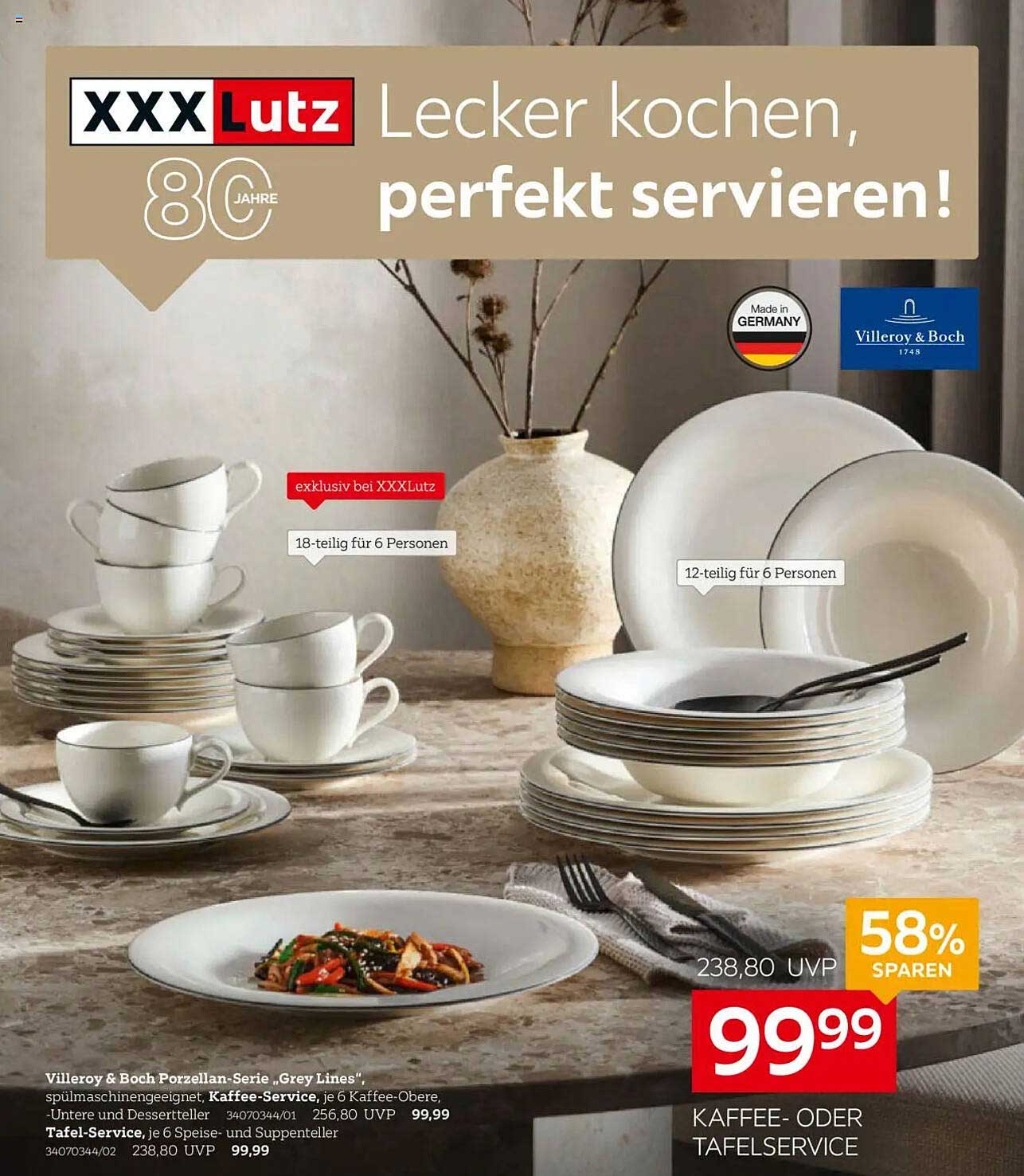 Villeroy & Boch Porzellan-Serie „Grey Lines“ – 18-teiliges Kaffee- und Tafelservice für 6 Personen