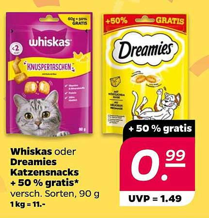 Whiskas oder Dreamies Katzensnacks 90 g - 50% Gratis!