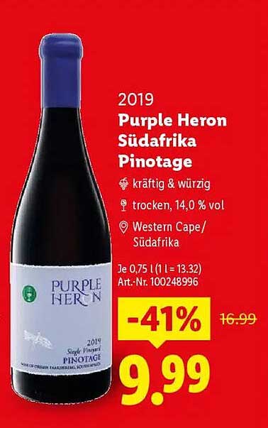 2019 Purple Heron Südafrika Pinotage - kraftig & würzig