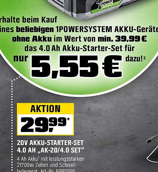 20V Akku-Starter-Set 4.0 Ah AK-20/4.0 Set für nur 5,55 €