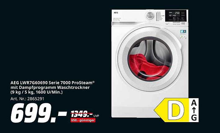 AEG LWR7G60690 Serie 7000 ProSteam® mit Dampffunktion Waschtrockner (9 kg / 5 kg, 1600 U/Min.)