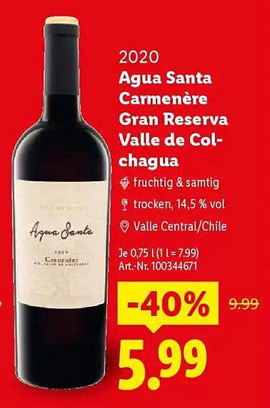 Agua Santa Carmenère Gran Reserva Valle de Colchagua 2020