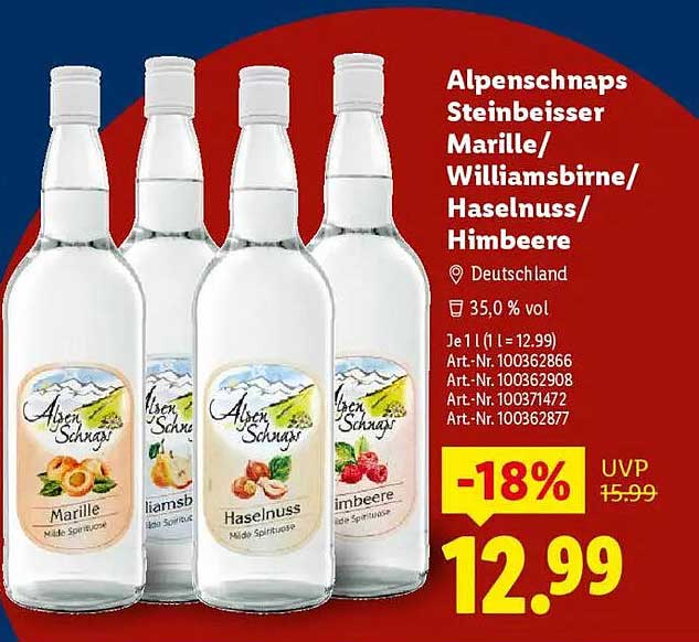 Alpenschnaps Steinbeisser Marille/Williamsbirne/Haselnuss/Himbeere