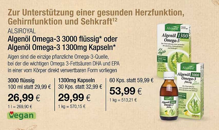 Alsiroyal Algenöl Omega-3 3000 flüssig oder Algenöl Omega-3 1300mg Kapseln