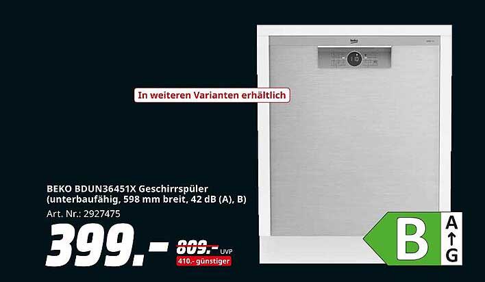 BEKO BDUN36451X Geschirrspüler (unterbau fähig, 598 mm breit, 42 dB (A), B)