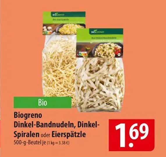 Biogreno Dinkel-Bandnudeln, Dinkel-Spiralen oder Eierspätzle 500-g-Beutel