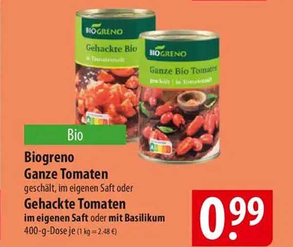 Biogreno Ganze Tomaten im eigenen Saft oder Gehackte Tomaten mit Basilikum