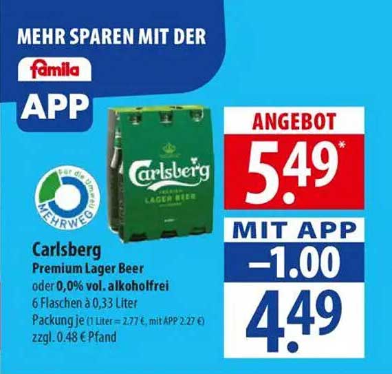 Carlsberg Premium Lager Bier oder 0,0% vol. alkoholfrei – 6 Flaschen à 0,33 Liter