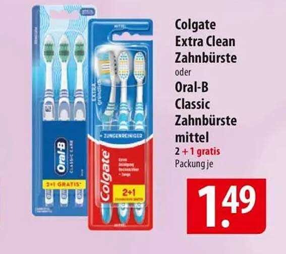 Colgate Extra Clean Zahnbürste oder Oral-B Classic Zahnbürste mittel 2 + 1 gratis