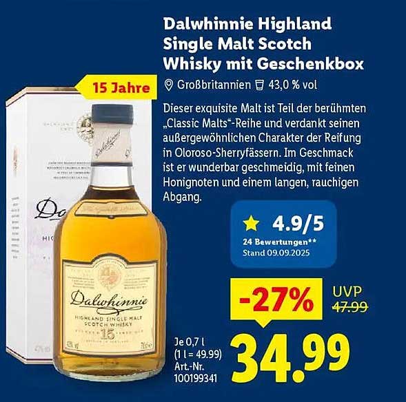 Dalwhinnie Highland Single Malt Scotch Whisky mit Geschenkbox