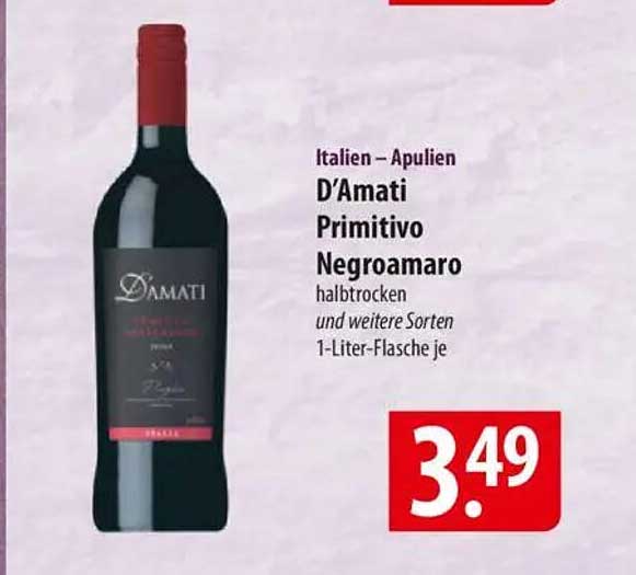 D'Amati Primitivo Negroamaro halb trocken – 1-Liter-Flasche je
