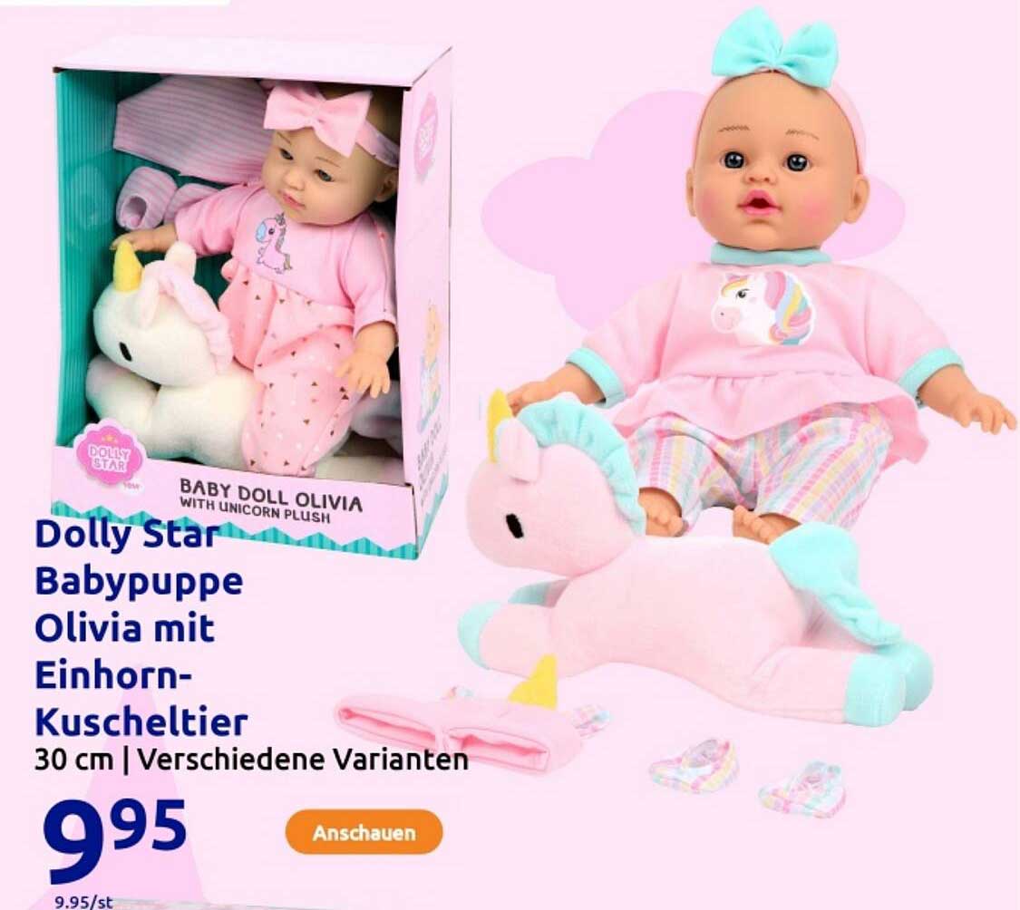 Dolly Star Babypuppe Olivia mit Einhorn-Kuscheltier, 30 cm, verschiedene Varianten