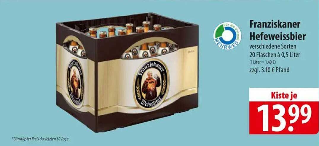Franziskaner Hefeweissbier – verschiedene Sorten, 20 Flaschen à 0,5 Liter