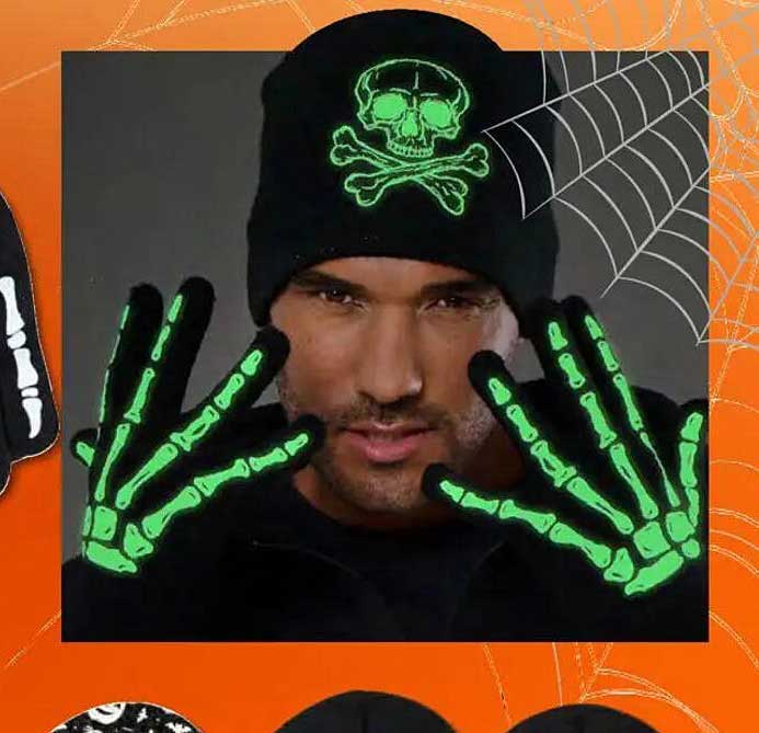 Glühendes Halloween-Set: Mütze und Handschuhe