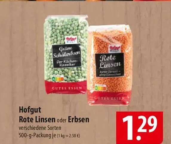 Hofgut Rote Linsen oder Erbsen verschiedene Sorten 500-g-Packung je (1 kg = 2,58 €)