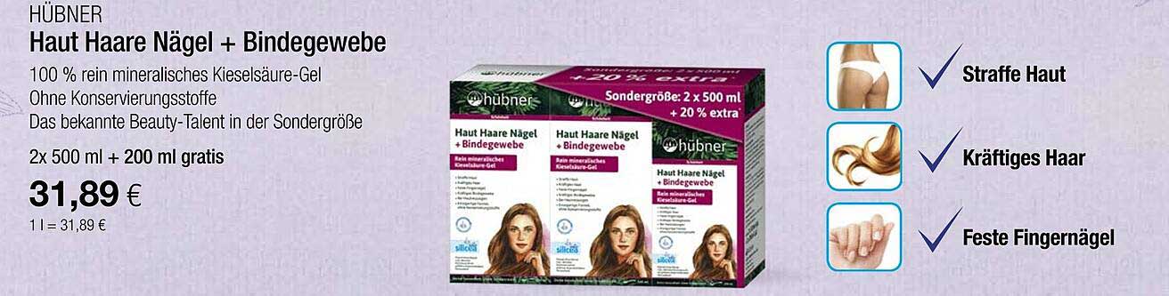 HÜBNER Haut Haare Nägel + Bindegewebe - Sondergröße: 2x 500 ml + 20 % extra