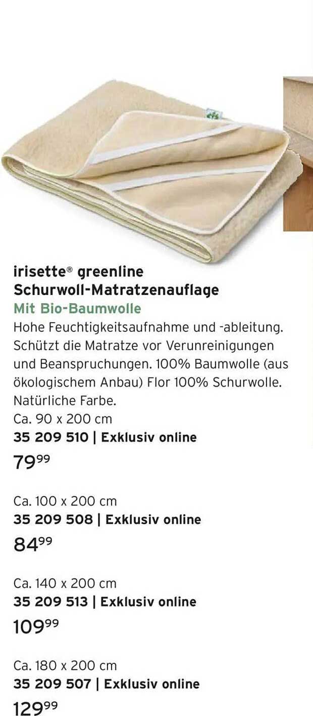 Irisette® greenline Schurwoll-Matratzenauflage mit Bio-Baumwolle