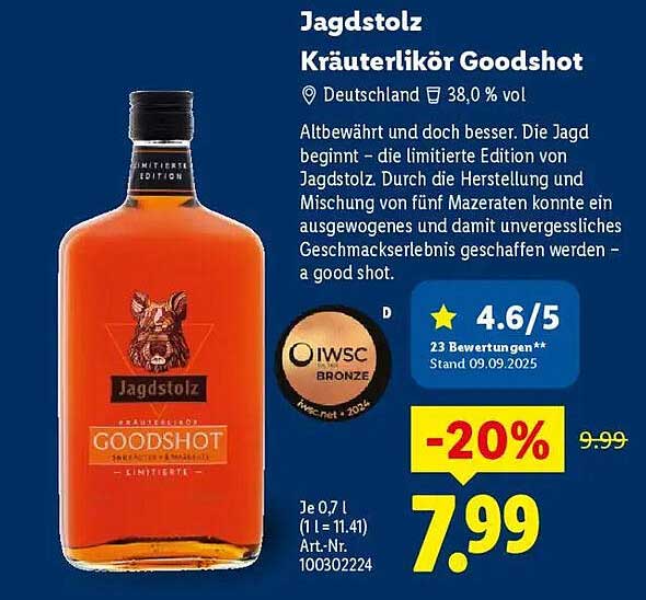 Jagdstolz Kräuterlikör Goodshot 0,7 L - limitierte Edition