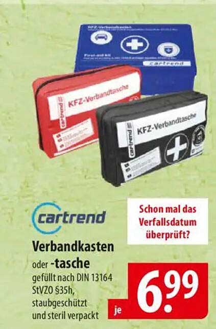 KFZ-Verbandkasten oder -tasche gefüllt nach DIN 13164