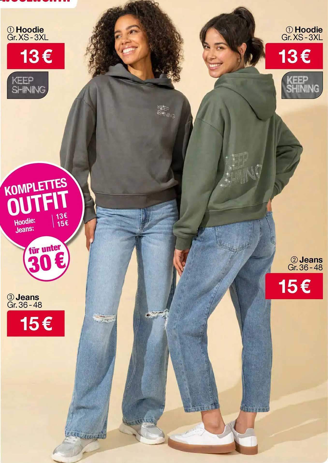 Komplettes Outfit: Hoodie und Jeans für unter 30 €