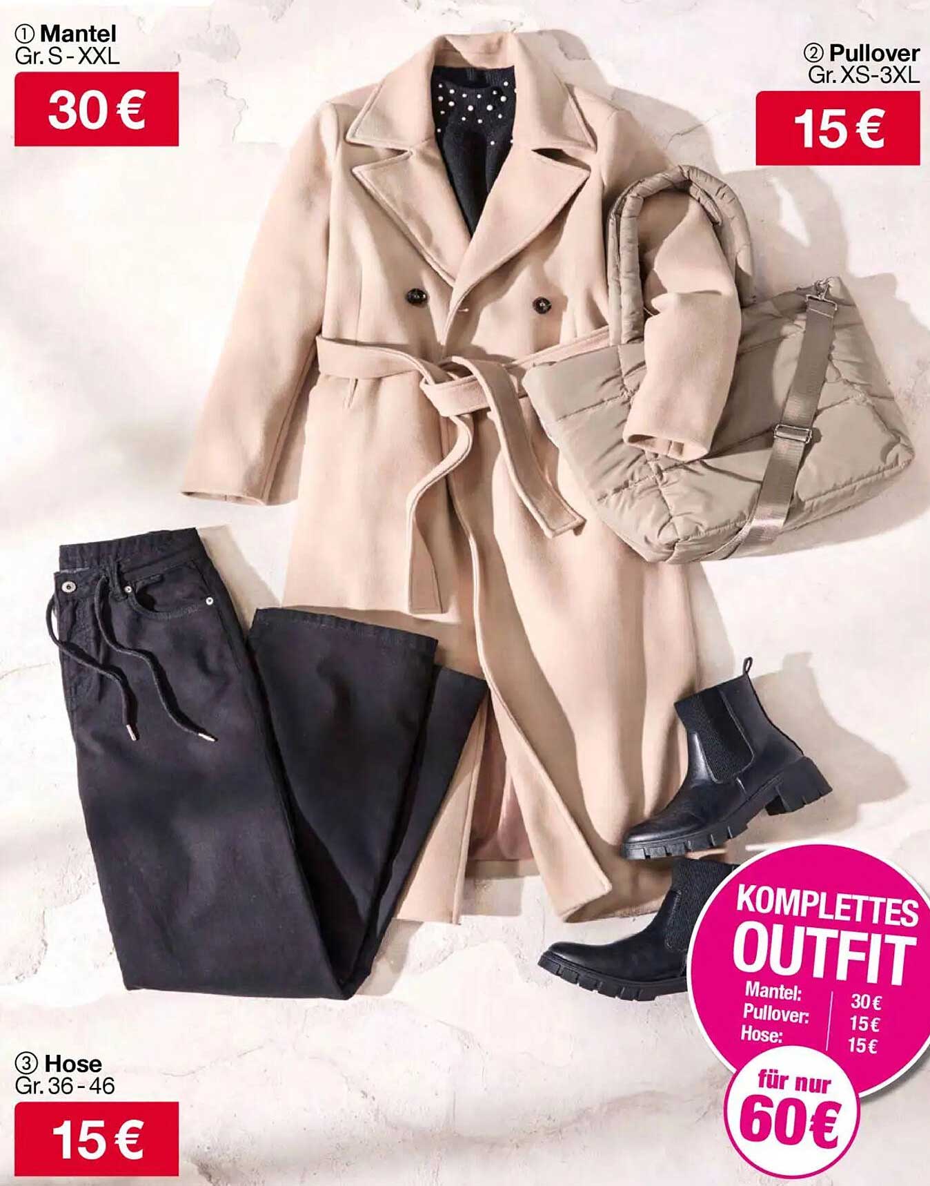 Komplettes Outfit: Mantel, Pullover und Hose für nur 60 €