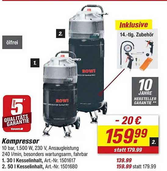 Kompressor 10 bar, 1.500 W, 230 V - inkl. 14-teiligem Zubehör