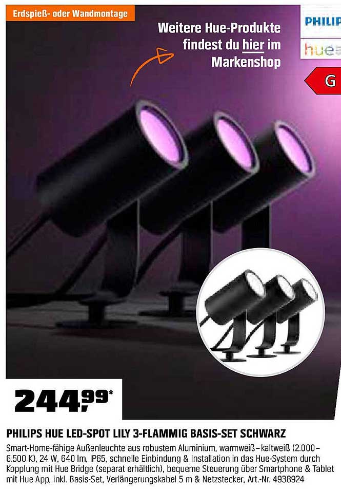 PHILIPS HUE LED-SPOT LILY 3-FLAMMIG BASIS-SET SCHWARZ