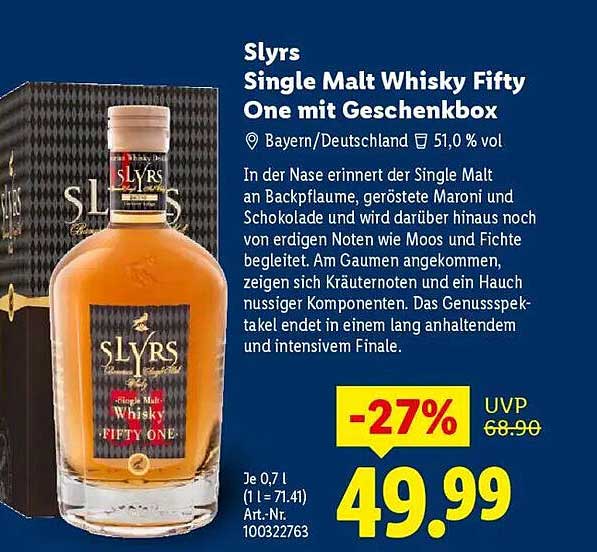 Slyrs Single Malt Whisky Fifty One mit Geschenkbox