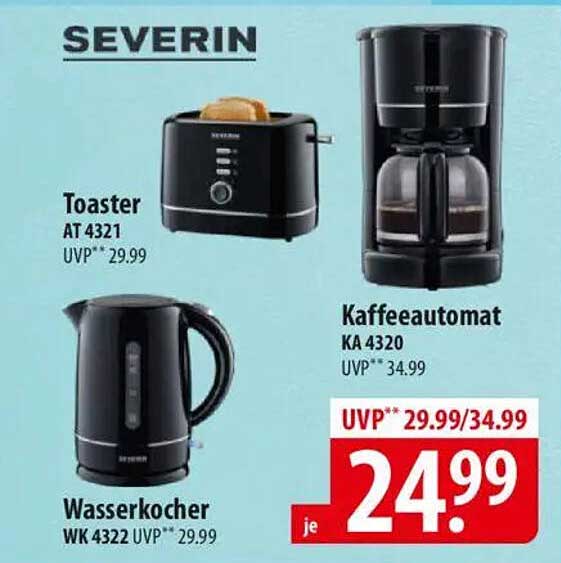 Toaster AT 4321, Wasserkocher WK 4322 und Kaffeeautomat KA 4320 von Severin