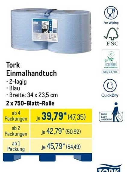 Tork Einmalhandtuch – 2-lagig, Blau, 2 x 750-Blatt-Rolle