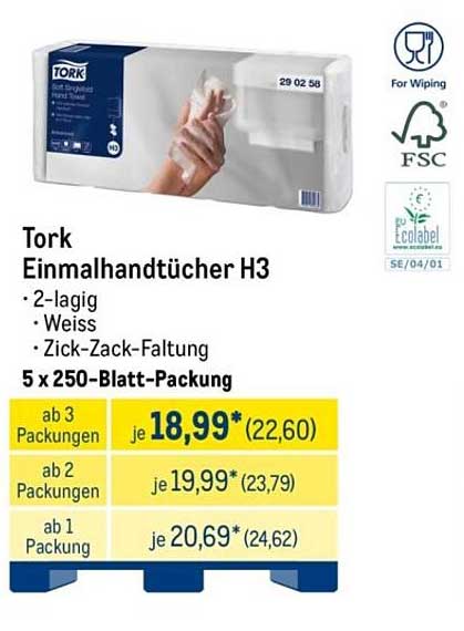 Tork Einmalhandtücher H3 - 5 x 250-Blatt-Packung