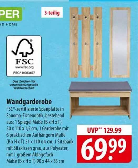 Wandgarderobe 3-teilig in Sonoma-Eichenoptik