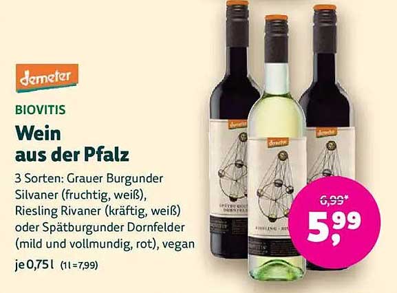 Wein aus der Pfalz - 3 Sorten: Grauer Burgunder Silvaner, Riesling Rivaner, Spätburgunder Dornfelder