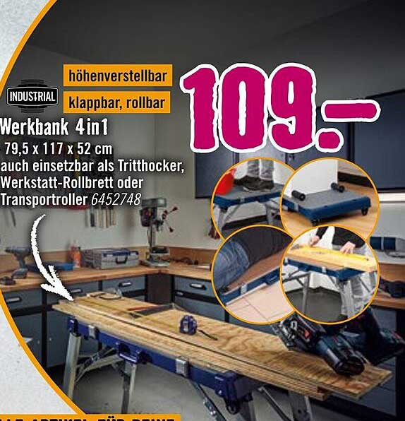 Werkbank 4 in 1, höhenverstellbar, klappbar, rollbar