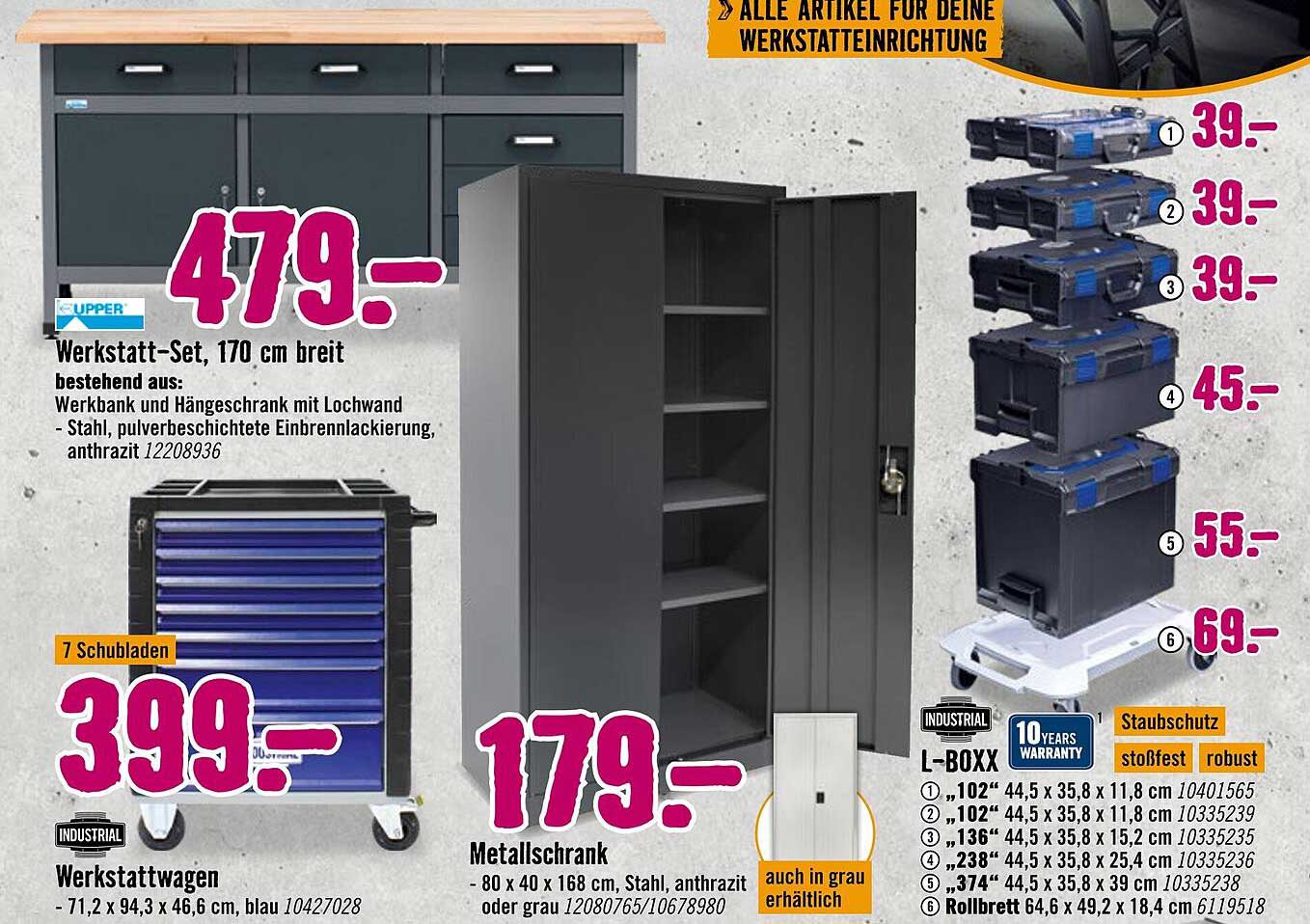 Werkstatt-Set, 170 cm breit bestehend aus Werkbank und Hängeschrank mit Lochwand - Stahl, pulverbeschichtete Einbrennlackierung, anthrazit