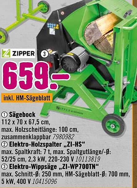 Zipper Sägebock mit Elektro-Holzspalter "ZI-HS" und Elektro-Wippsäge "ZI-WP700TN"