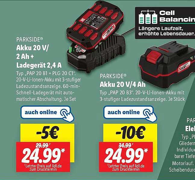 PARKSIDE® Akku 20 V/ 2 Ah + Ladegerät 2,4 A  
PARKSIDE® Akku 20 V/4 Ah