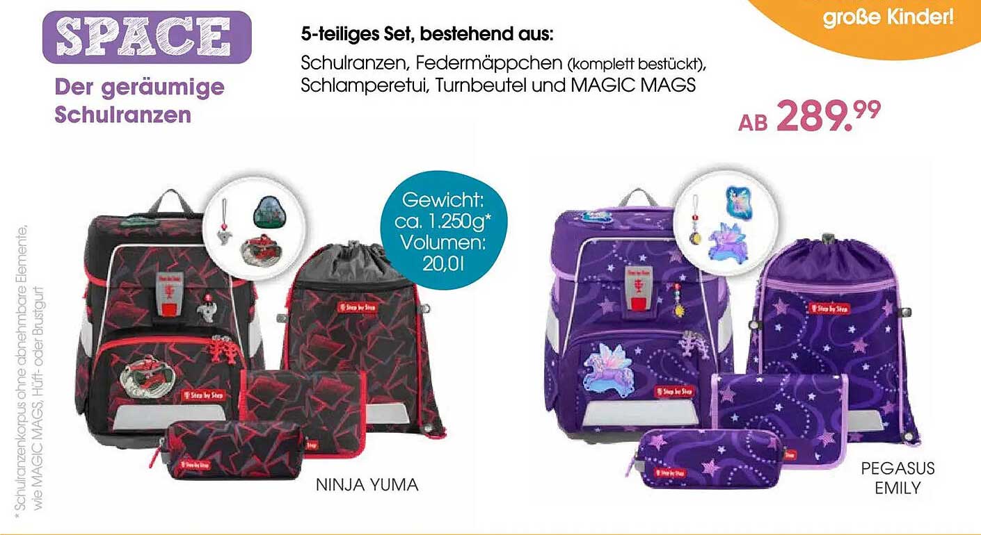 5-teiliges Set, bestehend aus: Schulranzen, Federmäppchen (komplett bestückt), Schlamperetui, Turnbeutel und MAGIC MAGS