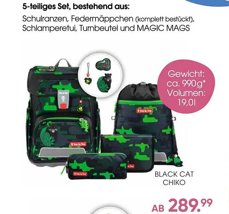 5-teiliges Set, bestehend aus: Schulranzen, Federmäppchen (komplett bestückt), Schlamperetui, Turnbeutel und MAGIC MAGS