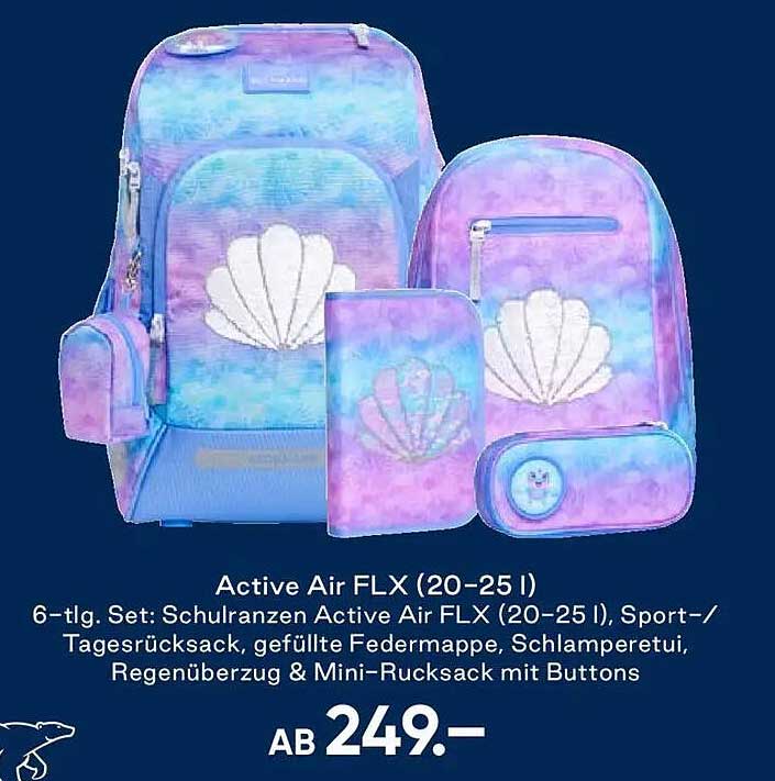 Active Air FLX (20–25 l) 6-tlg. Set: Schulranzen Active Air FLX (20–25 l), Sport-/Tagesrucksack, gefüllte Federmappe, Schlamperetui, Regenüberzug & Mini-Rucksack mit Buttons
