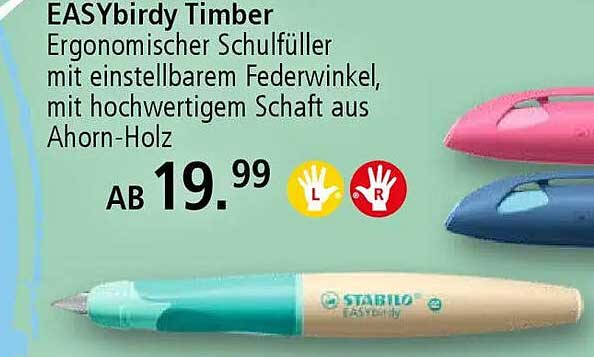 EASYbirdy Timber Ergonomischer Schulfüller mit einstellbarem Federwinkel, mit hochwertigem Schaft aus Ahorn-Holz