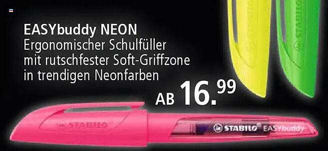 EASYbuddy NEON Ergonomischer Schulfüller mit rutschfester Soft-Griffzone in trendigen Neonfarben