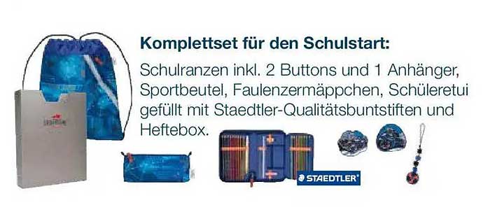 Komplettset für den Schulstart: Schulranzen inkl. 2 Buttons und 1 Anhänger, Sportbeutel, Faulenzermäppchen, Schüleretui gefüllt mit Staedtler-Qualitätsbuntstiften und Heftebox.