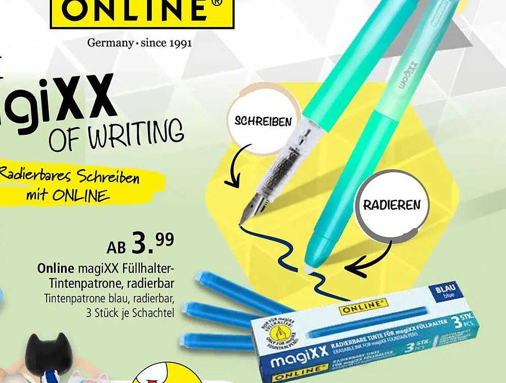 Online magiXX Füllhalter-Tintenpatrone, radierbar Tintenpatrone blau, radierbar, 3 Stück je Schachtel