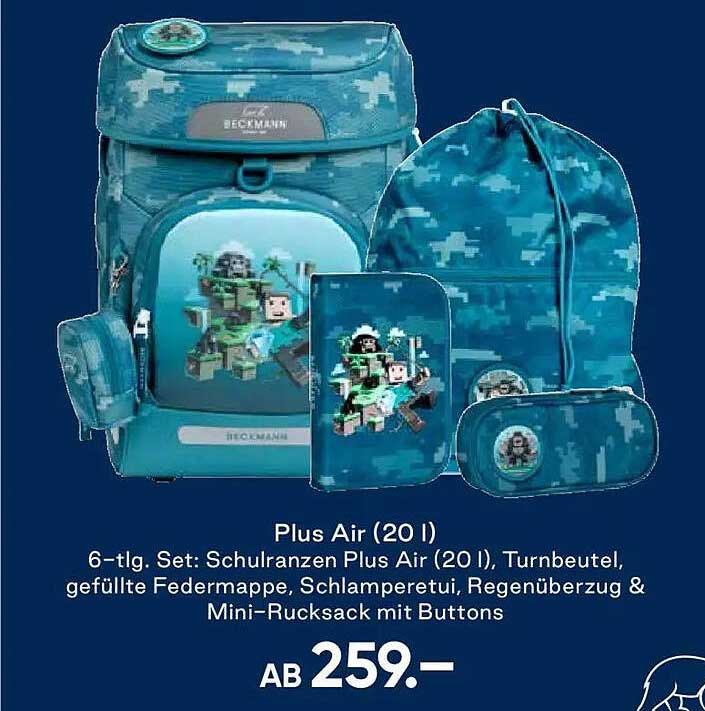 Plus Air (20 l) 6-tlg. Set: Schulranzen Plus Air (20 l), Turnbeutel, gefüllte Federmappe, Schlamperetui, Regenüberzug & Mini-Rucksack mit Buttons