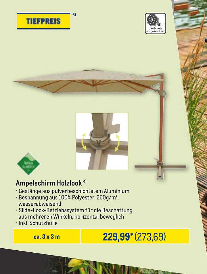 Ampelschirm Holzlook - 3 x 3 m