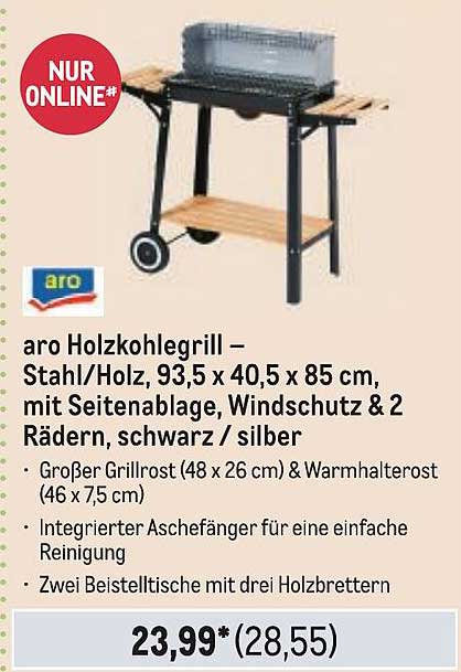aro Holzkohlegrill – Stahl/Holz, 93,5 x 40,5 x 85 cm, mit Seitenablage, Sichtschutz & 2 Rädern, schwarz/silber