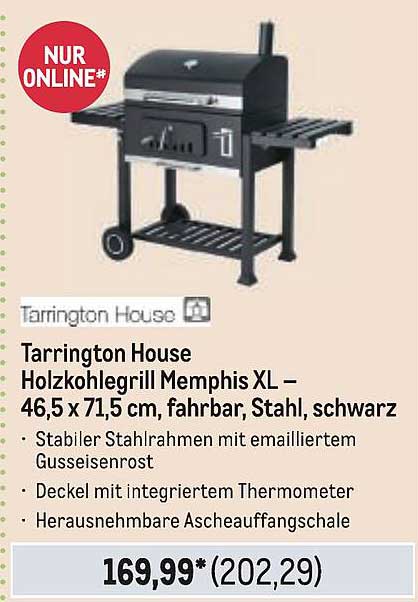 Tarrington House Holzkohegrill Memphis XL – 46,5 x 71,5 cm, fahrbar, Stahl, schwarz