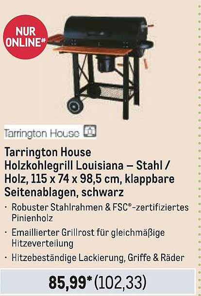 Tarrington House Holzkohlegrill Louisiana – Stahl / Holz, klappbare Seitenablagen