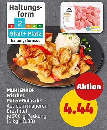 MÜHLENHOF Frisches Puten-Gulasch* Aus dem mageren Brustfilet, je 500-g-Packung (1 kg = 8.88)